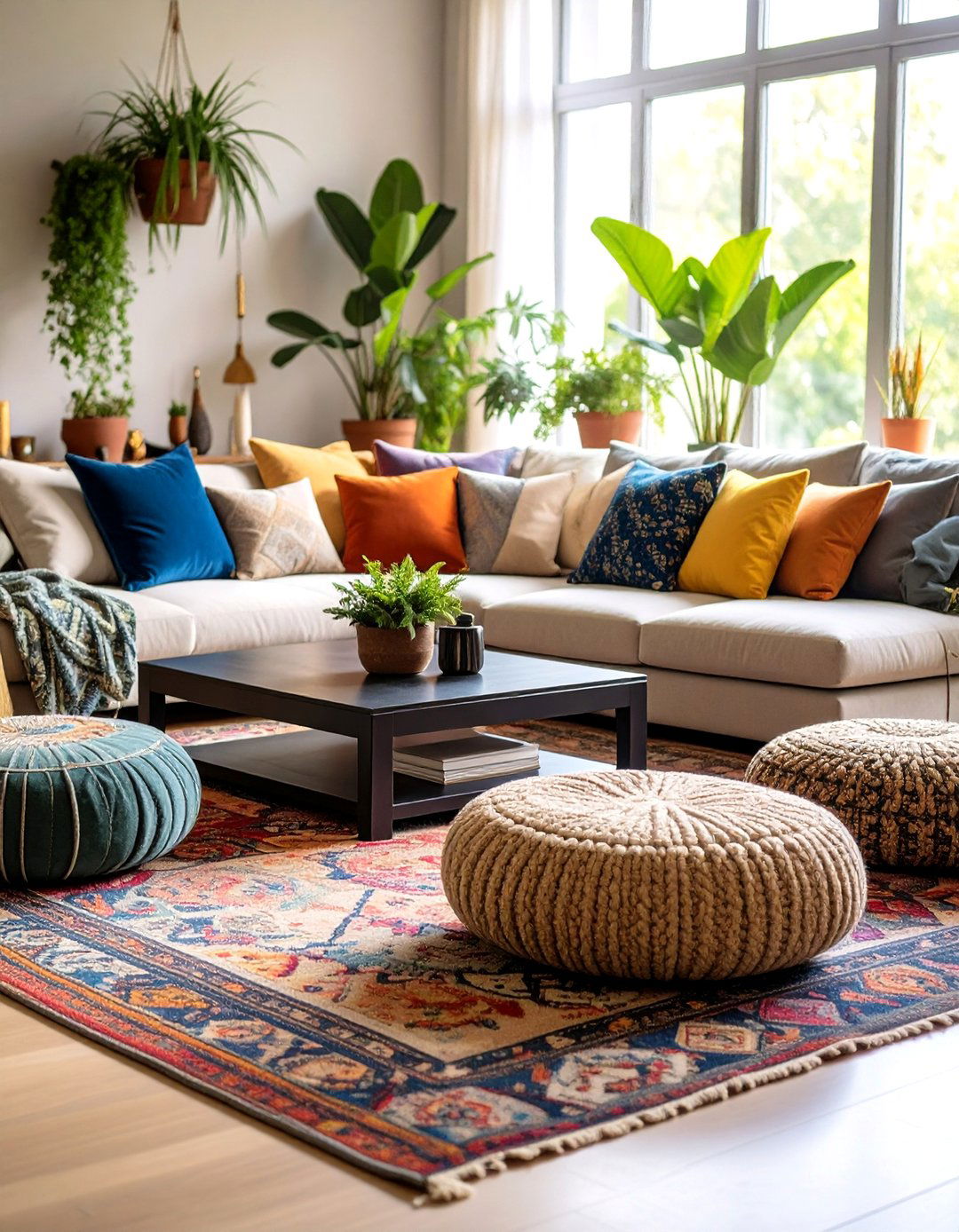 Floor Cushion Seating Arrangement - 25 Black Boho Living Room Ideas