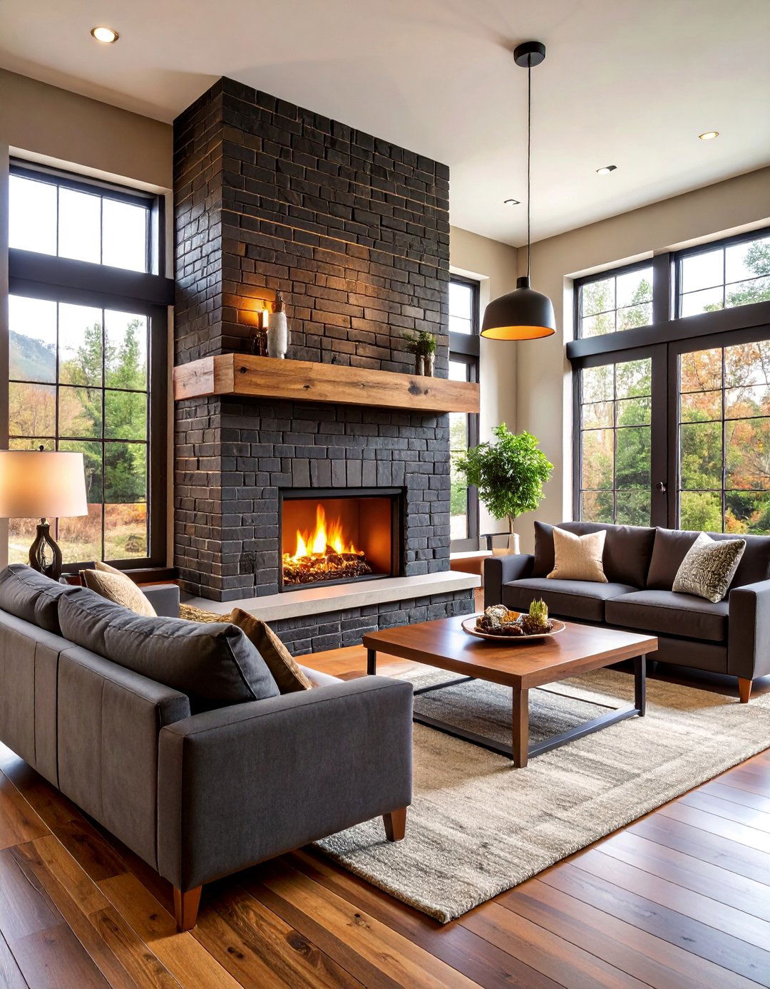 Floor to Ceiling Black Brick Fireplace with Floating Wood Mantel - 25 Black Brick Fireplace Ideas