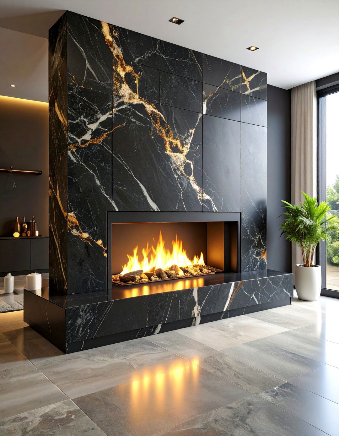 Floor to Ceiling Black Marble Statement Wall - 25 Black and White Fireplace Ideas