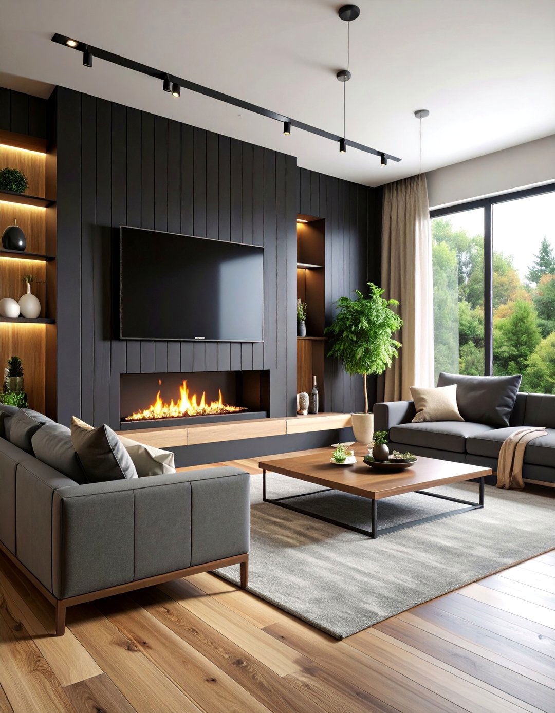 Floor to Ceiling Black Shiplap Fireplace with TV Integration - 25 Black Shiplap Fireplace Ideas
