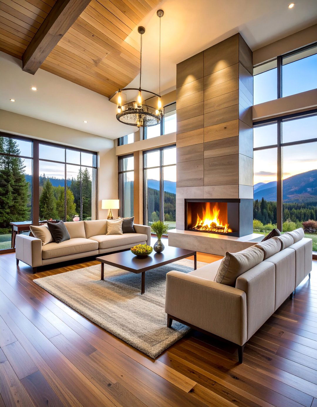 Floor to Ceiling Linear Fireplace Wall - 25 Cabin Fireplace Ideas