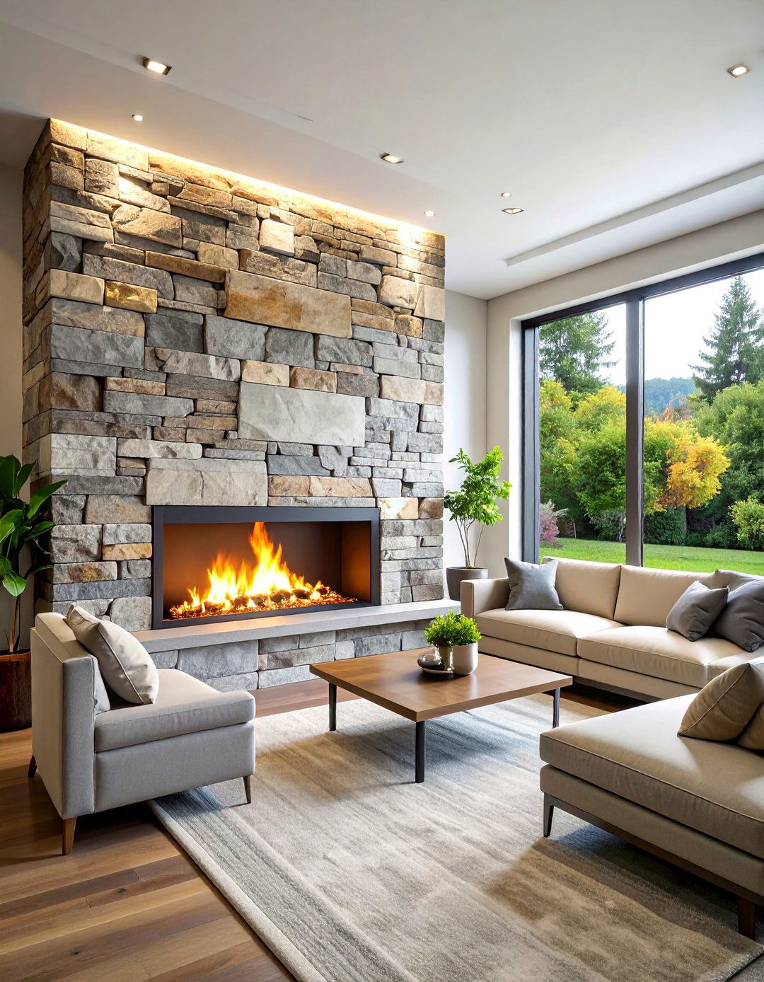 Floor to Ceiling Stacked Ledgestone Fireplace - 25 Stone Fireplace Ideas