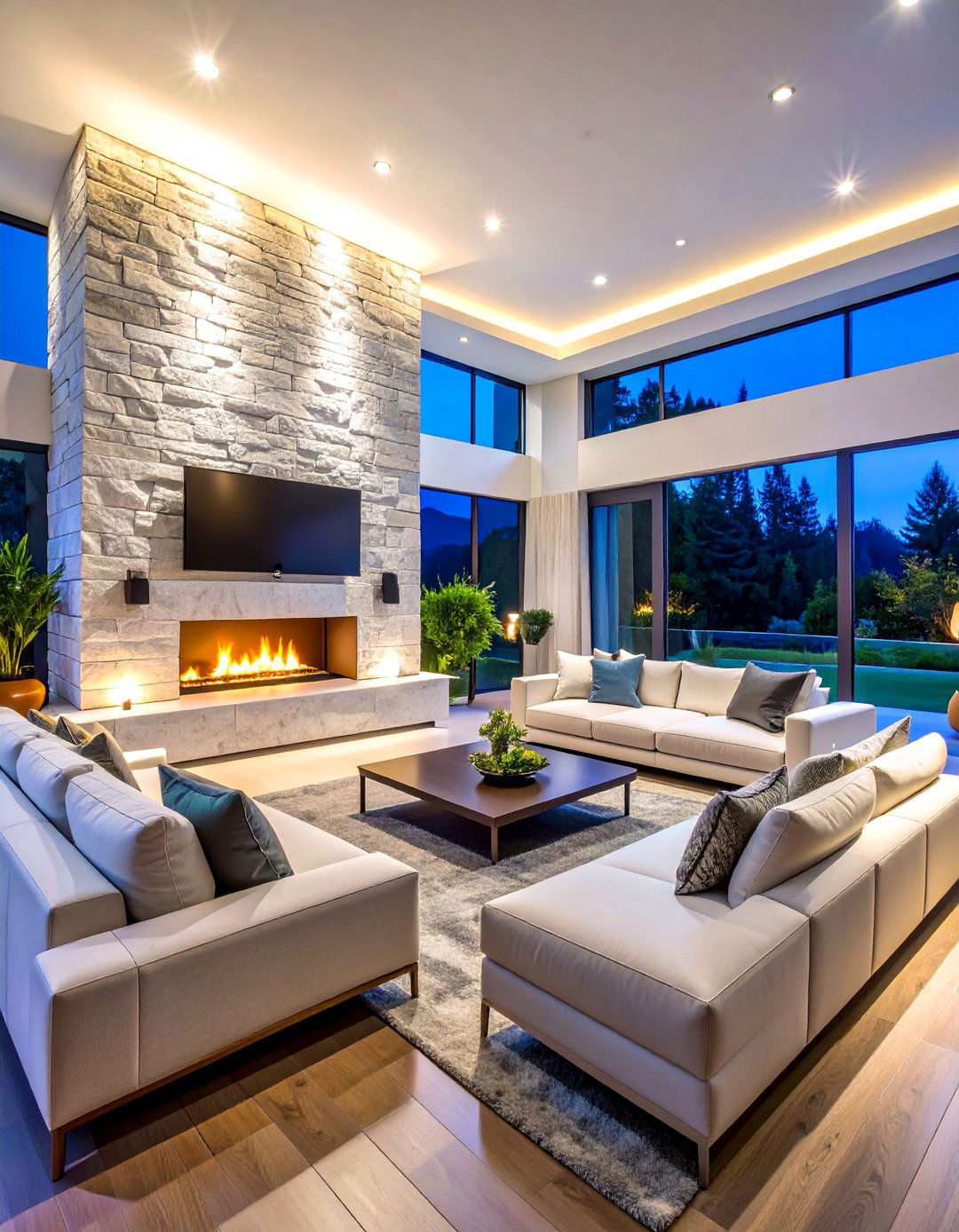 Floor to Ceiling White Stacked Stone Fireplace - 25 White Stone Fireplace Ideas