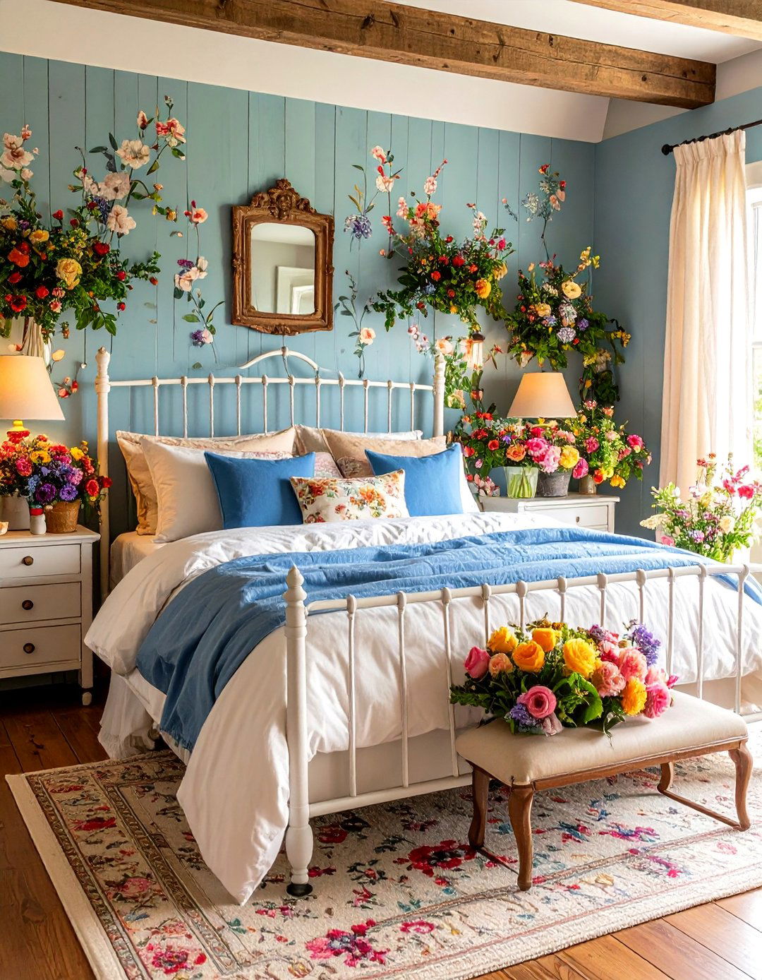 Floral Farmhouse Bedroom with Vintage Wallpaper - 25 Farmhouse Bedroom Ideas