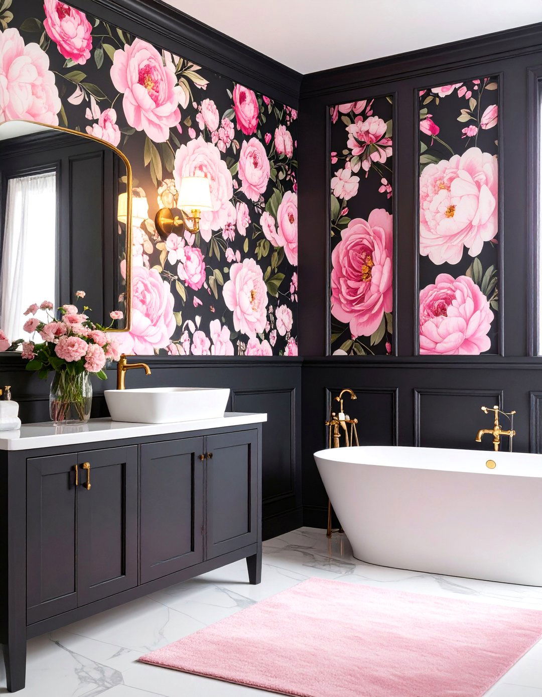 Floral Pink and Black Wallpaper Bathroom - 25 Pink and Black Bathroom Ideas