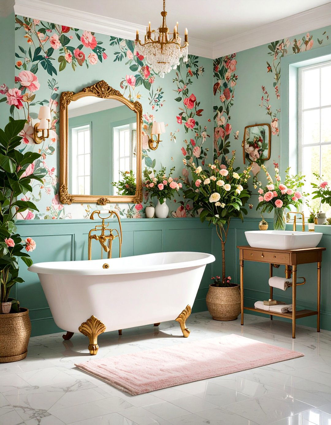 Floral Teen Bathroom with Botanical Wallpaper - 25 Teen Bathroom Ideas