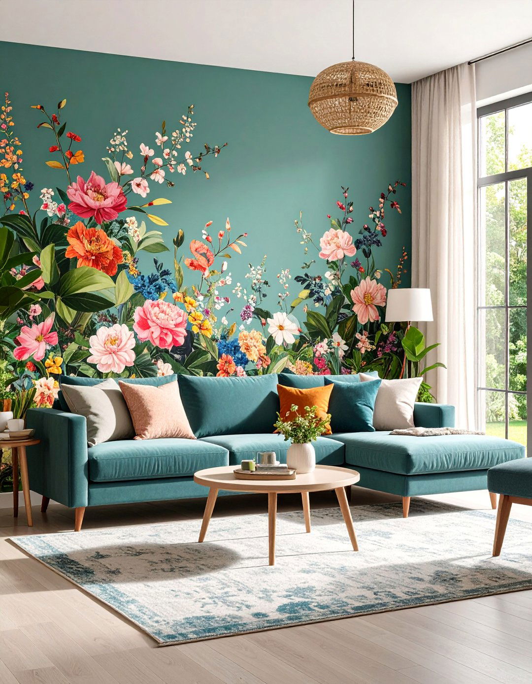 Floral Wallpaper with Oversized Botanical Prints - 25 Living Room Accent Wall Ideas