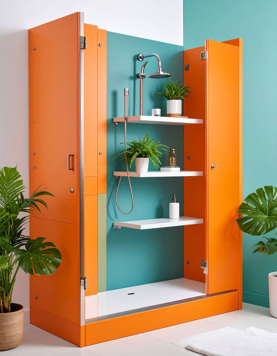 Fold Down Wall Mounted Shelf with Locking Mechanism - 25 Shower Storage Ideas