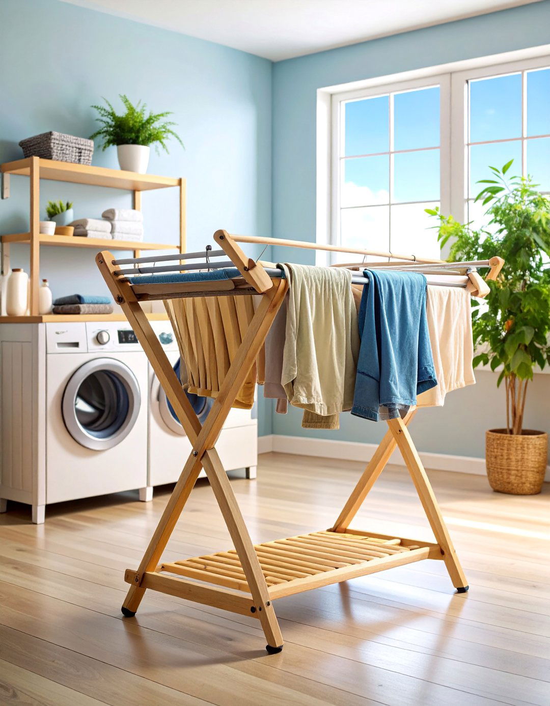 Folding Bamboo X Frame Drying Rack with Natural Wood Slats - 25 Laundry Room Drying Rack Ideas