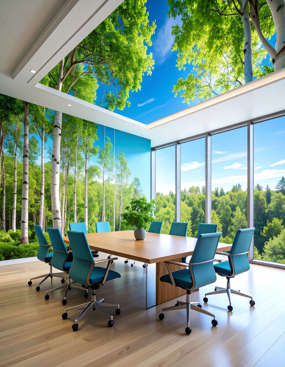 Forest Canopy Office Mural with Natural Wood Accents - 25 Office Wall Murals