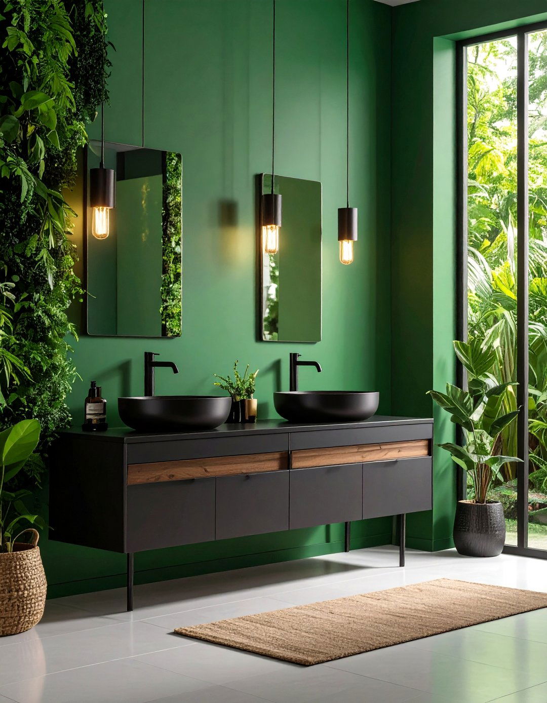 Forest Green Accent Wall with Black Fixtures - 25 Black and Green Bathroom Ideas