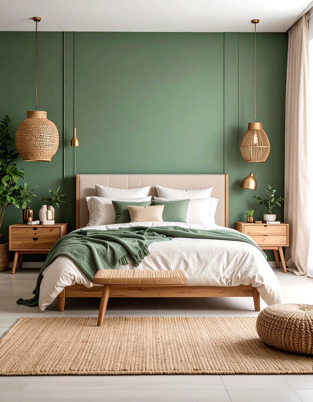 Forest Green Accent Wall with Natural Wood Elements - 25 Forest Green Bedroom Ideas