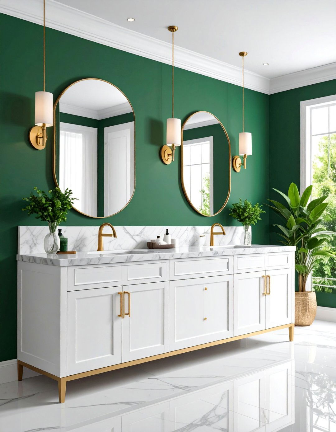 Forest Green Accent Wall with White Marble - 25 Forest Green Bathroom Ideas