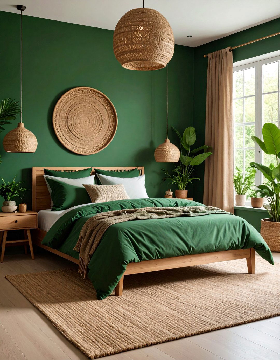 Forest Green Bedroom with Natural Brown Fiber Elements - 25 Green and Brown Bedroom Ideas