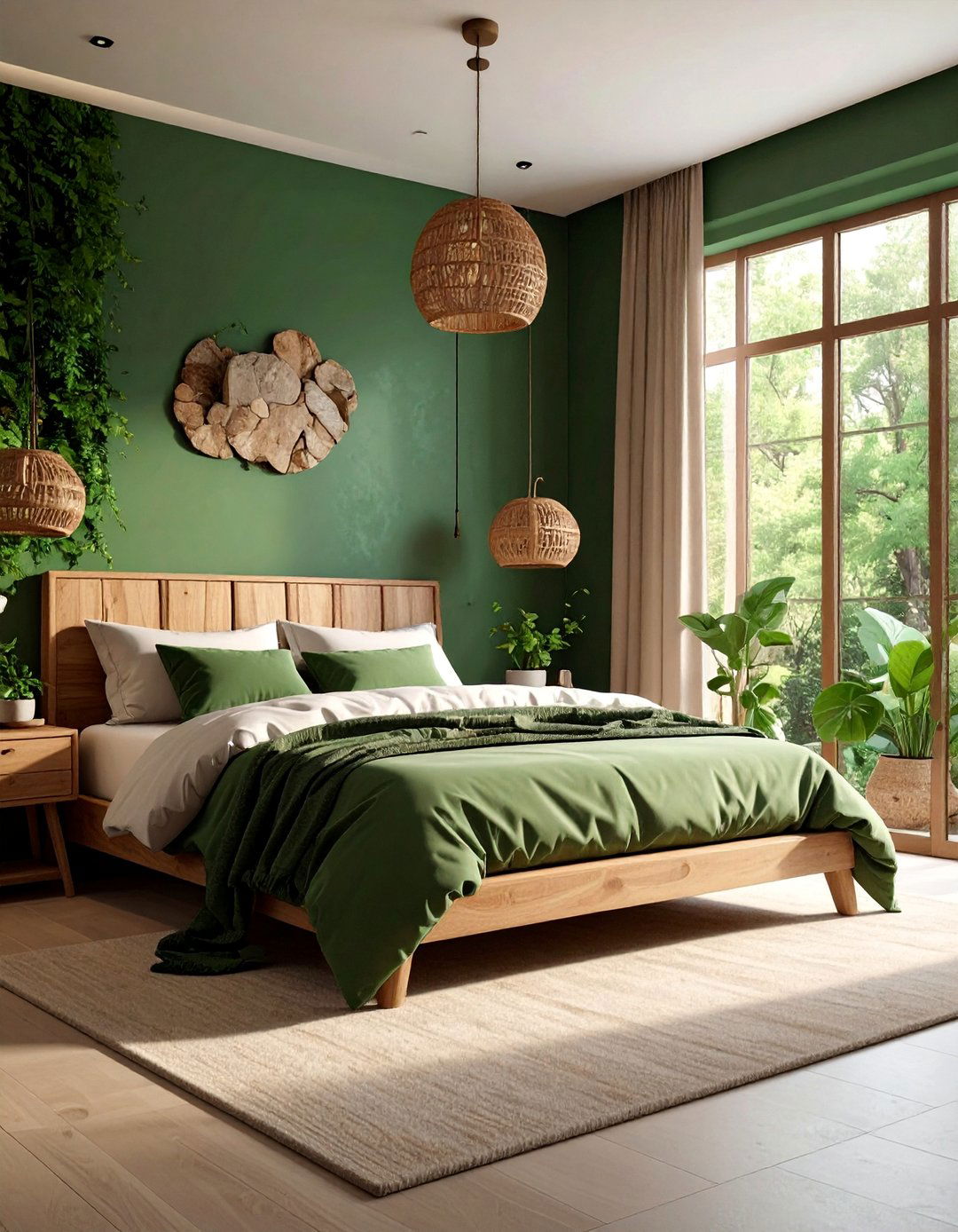 Forest Green Bedroom with Natural Brown Stone Accents - 25 Green and Brown Bedroom Ideas