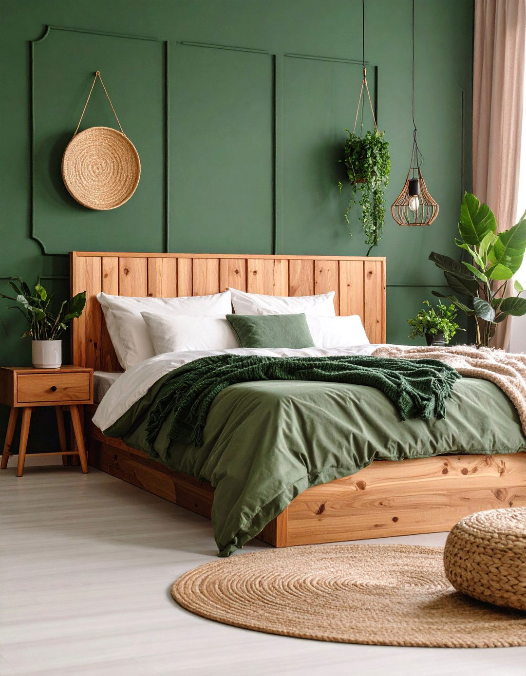 Forest Green Bedroom with Natural Wood Accents - 25 Bedroom Accent Wall Ideas