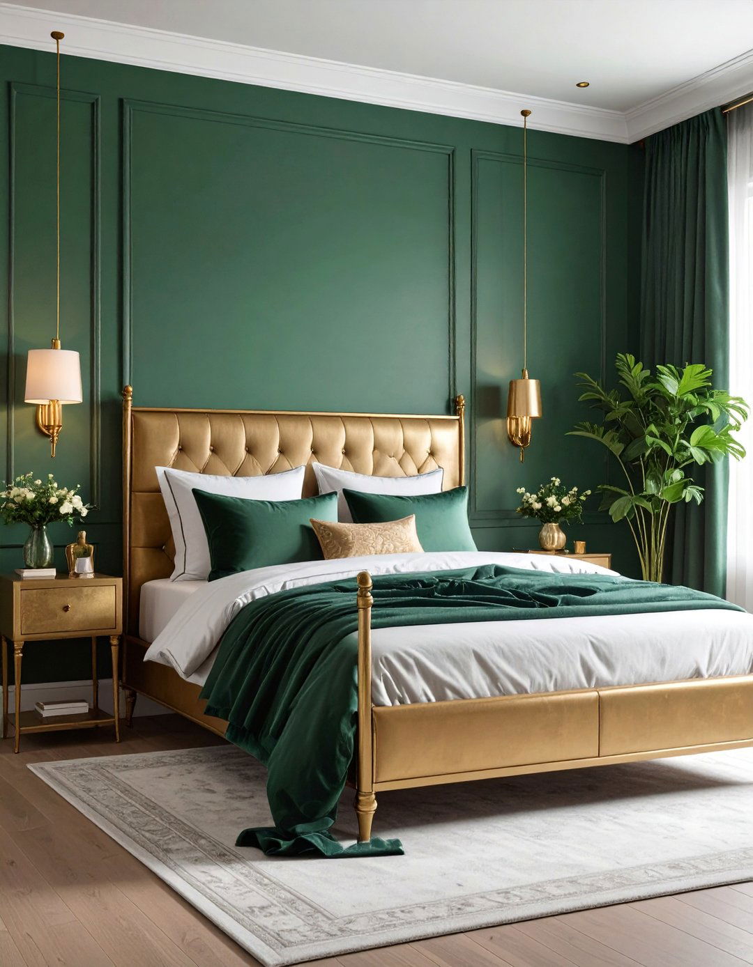 Forest Green Bedroom with Vintage Brass Elements - 25 Green Accent Wall Ideas
