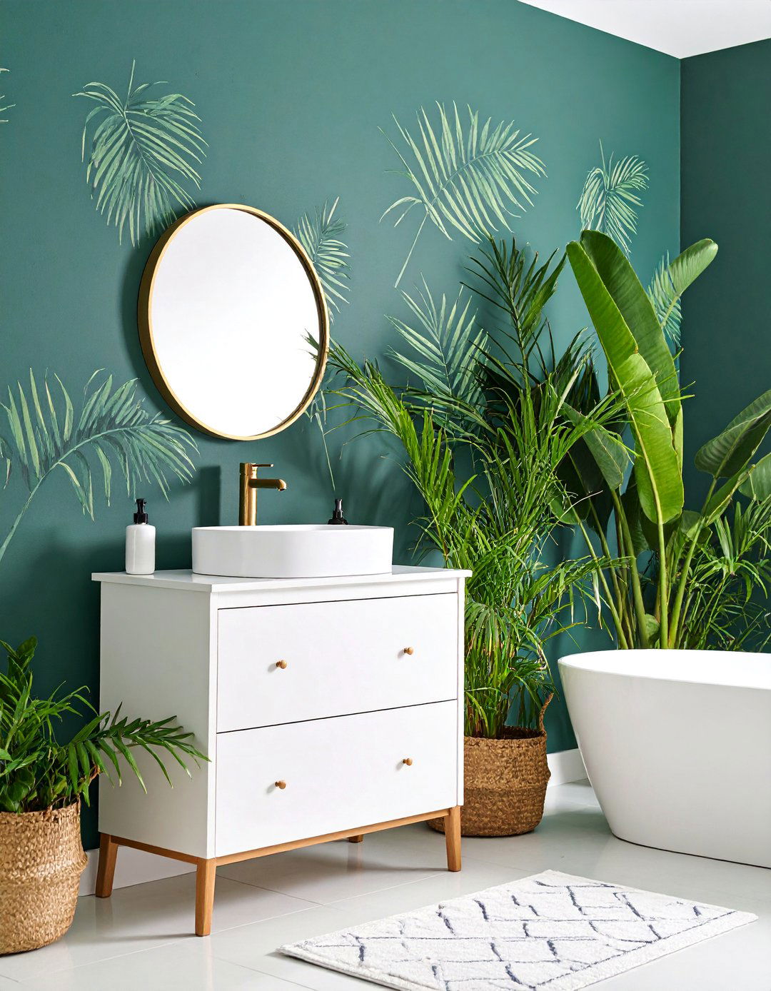 Forest Green Botanical Wallpaper Feature Wall - 25 Forest Green Bathroom Ideas