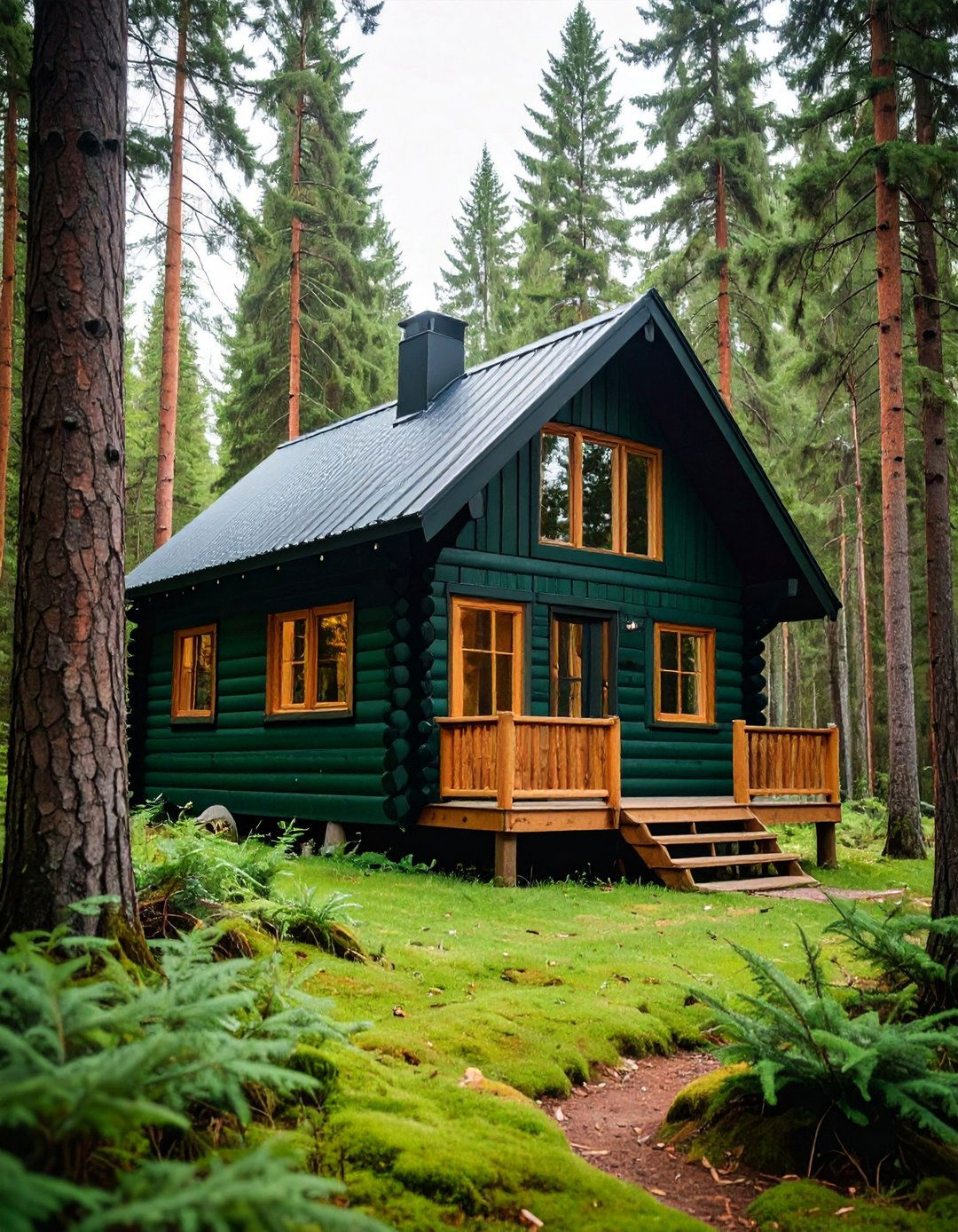 Forest Green Cabin with Black Log Accents - 25 Green House Exterior With Black Trim