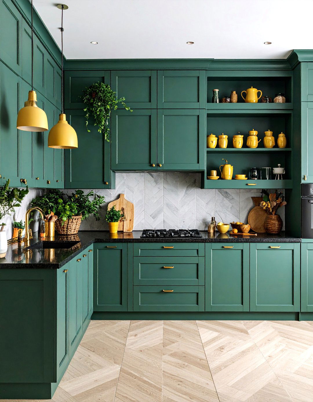 Forest Green Cabinetry with Golden Yellow Accents - 25 Green and Yellow Kitchen Ideas