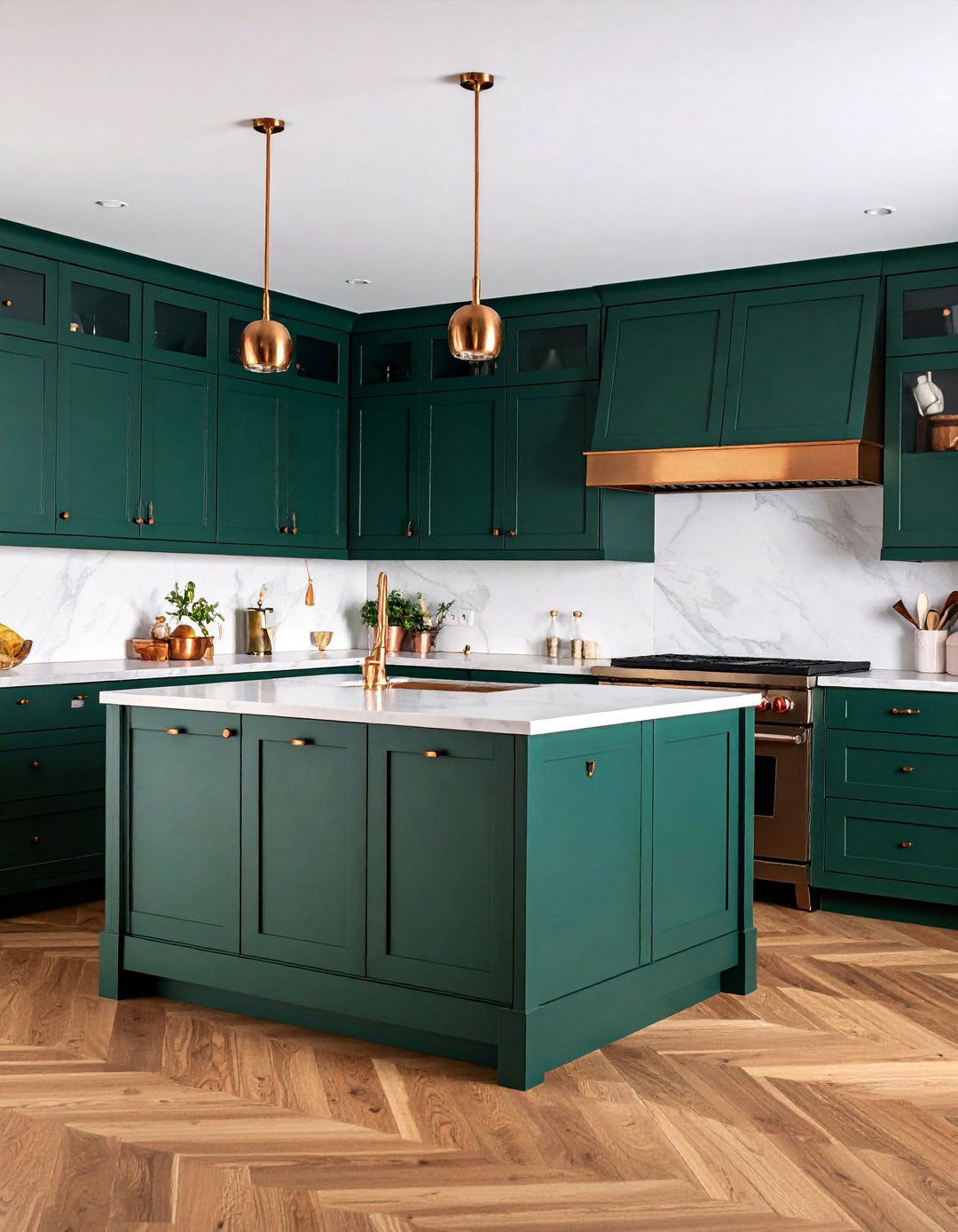 Forest Green Cabinets with Copper Hardware and Fixtures - 25 Dark Green Kitchen Ideas