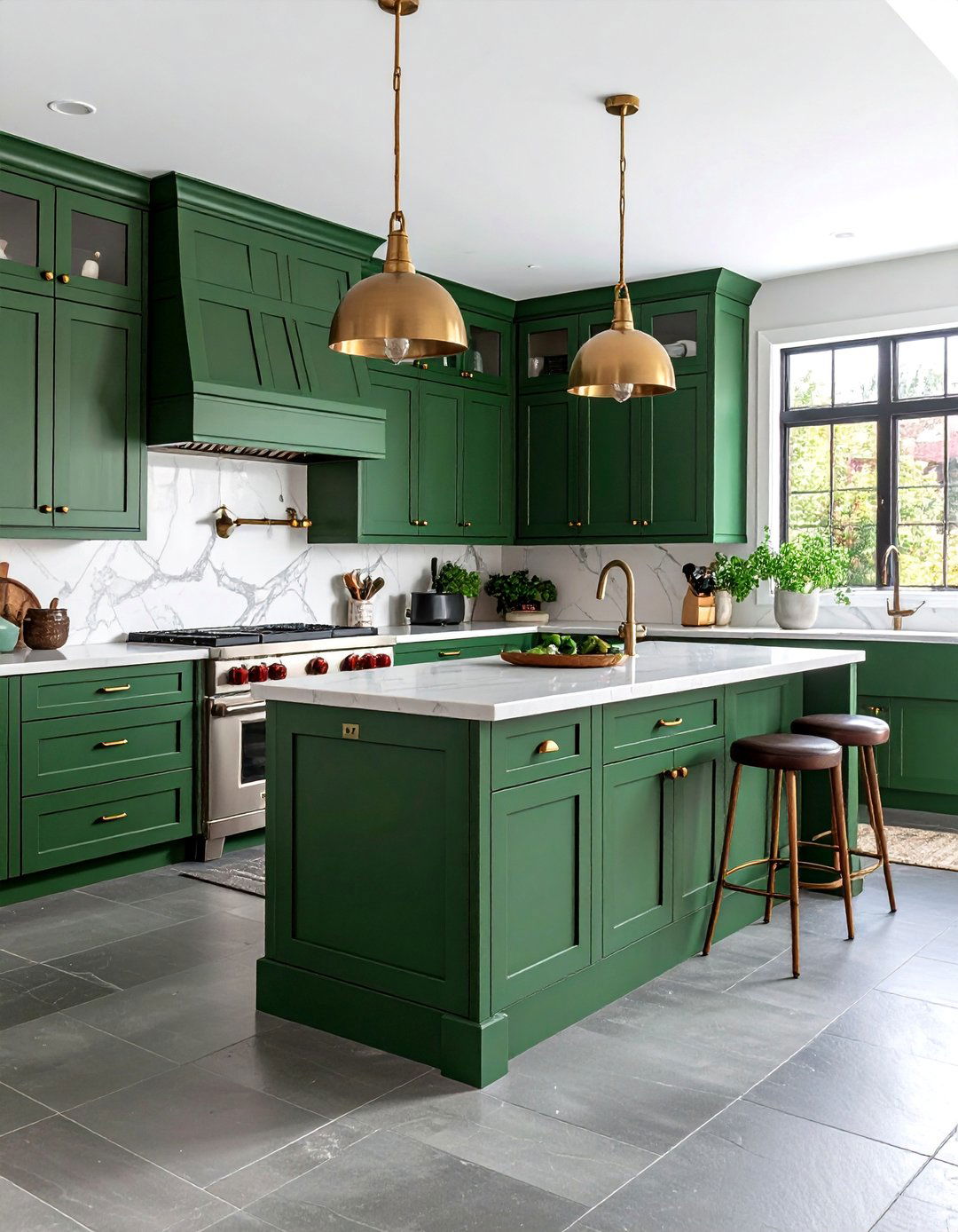 Forest Green Cabinets with Natural Wood and Stone Elements - 25 Dark Green Kitchen Ideas