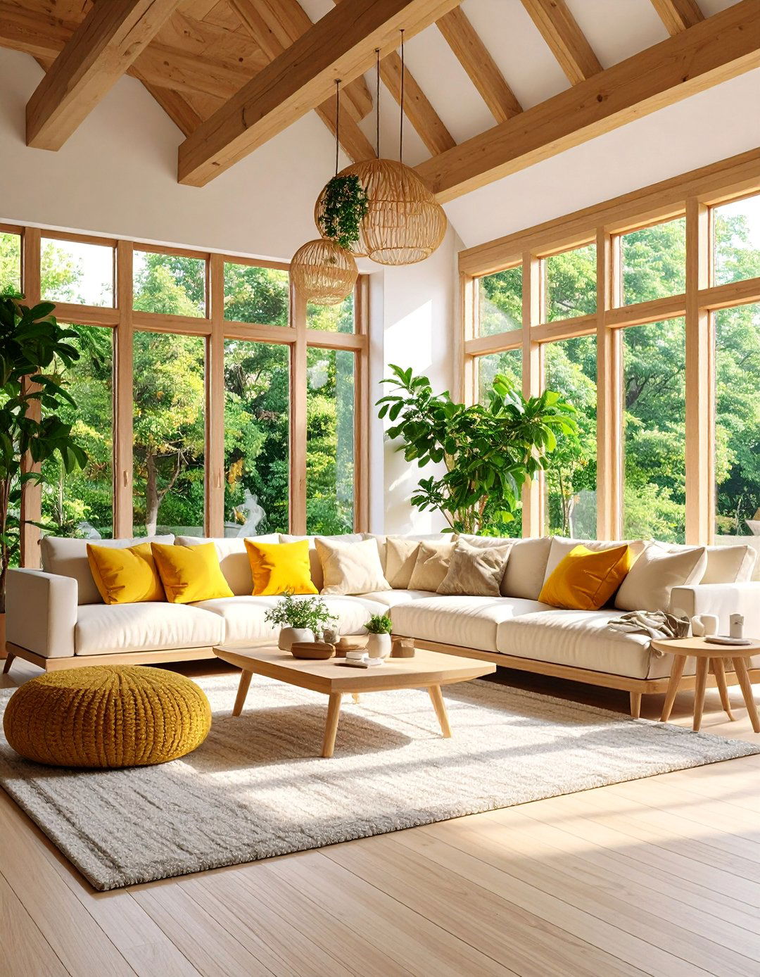 Forest Green Carpet Living Room with Natural Wood - 25 Green Carpet Living Room Ideas