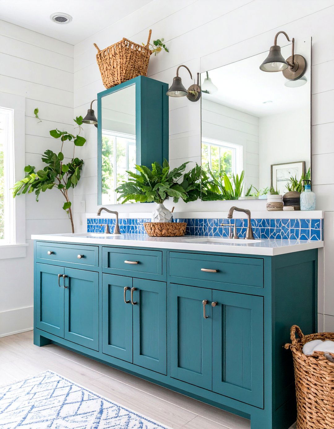 Forest Green Coastal Bathroom with Blue Accents - 25 Forest Green Bathroom Ideas