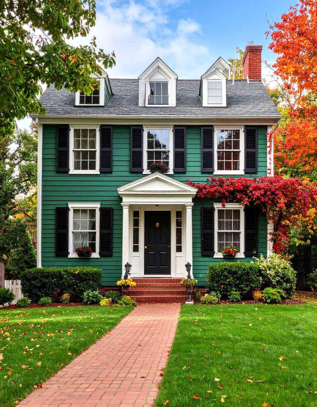 Forest Green Colonial with Black Window Shutters and Brick Foundation - 25 Forest Green House With Black Trim