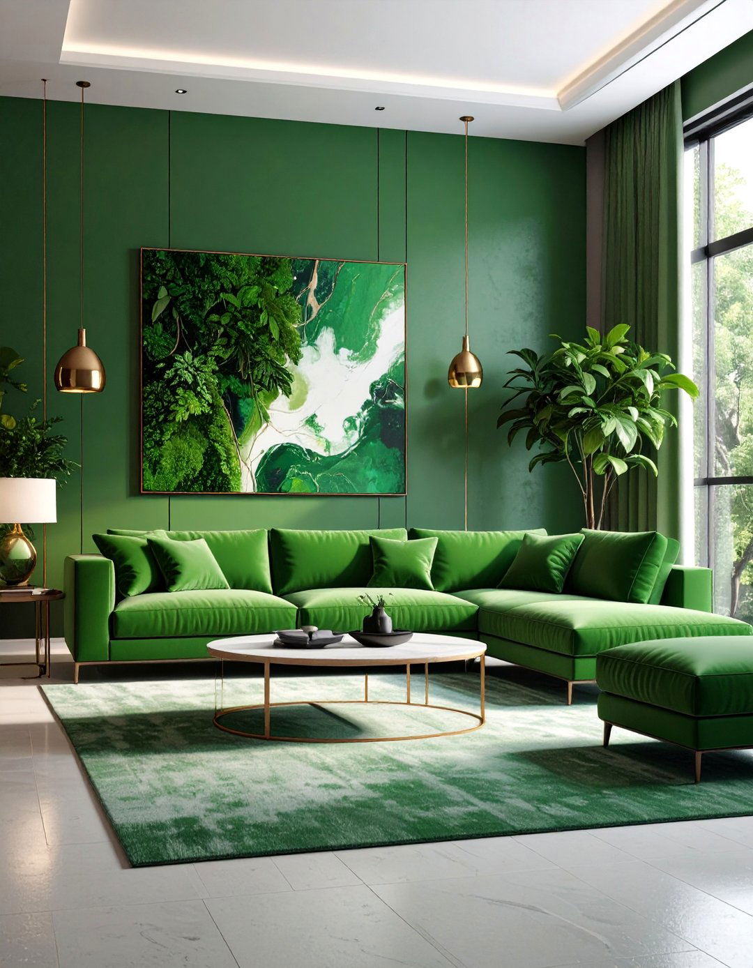 Forest Green Contemporary Living Room with Abstract Art - 25 Forest Green Living Room Ideas