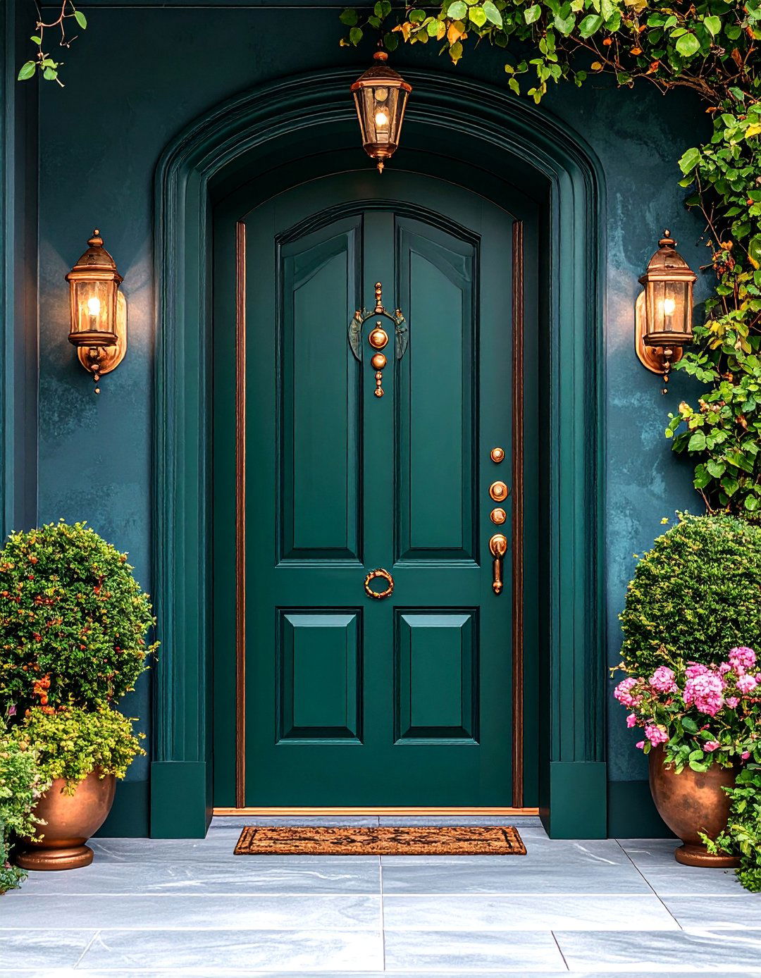 Forest Green Door with Copper Accents - 25 Door Painting Ideas