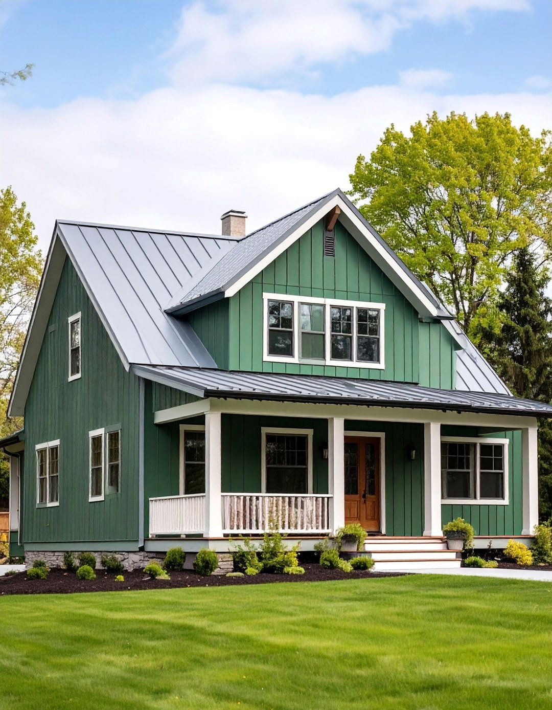Forest Green Farmhouse with Galvanized Metal - 25 Dark Green Exterior Paint Color Schemes