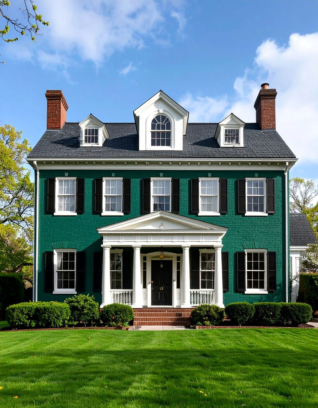 Forest Green Federal Style with Black Crown Molding and Brass Accents - 25 Forest Green House With Black Trim