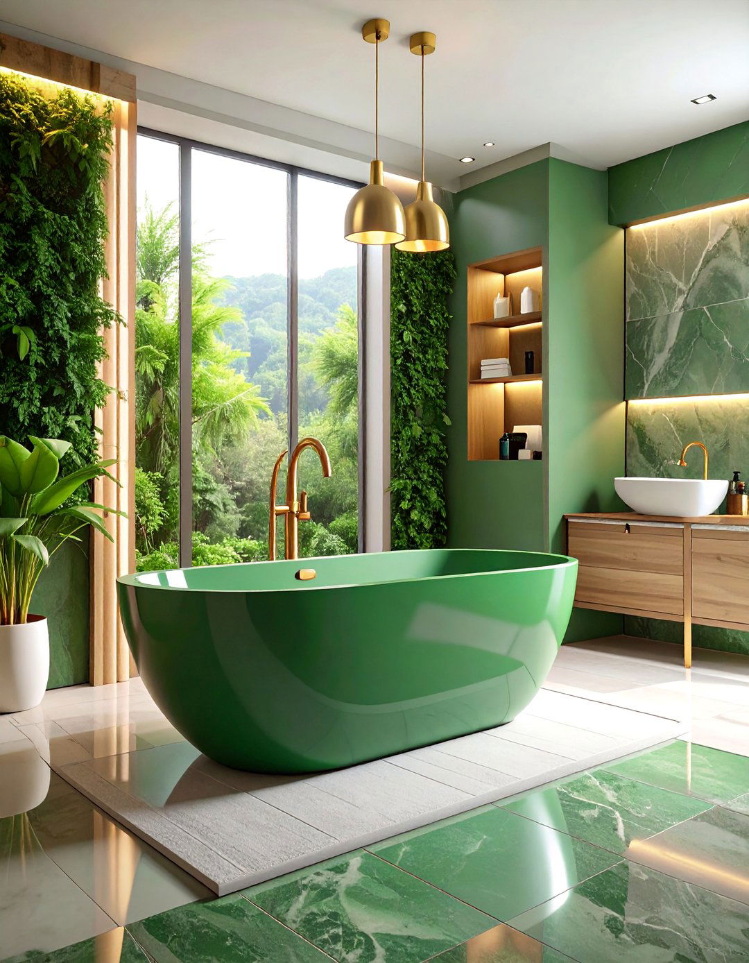 Forest Green Freestanding Tub with Stone Surround - 25 Forest Green Bathroom Ideas