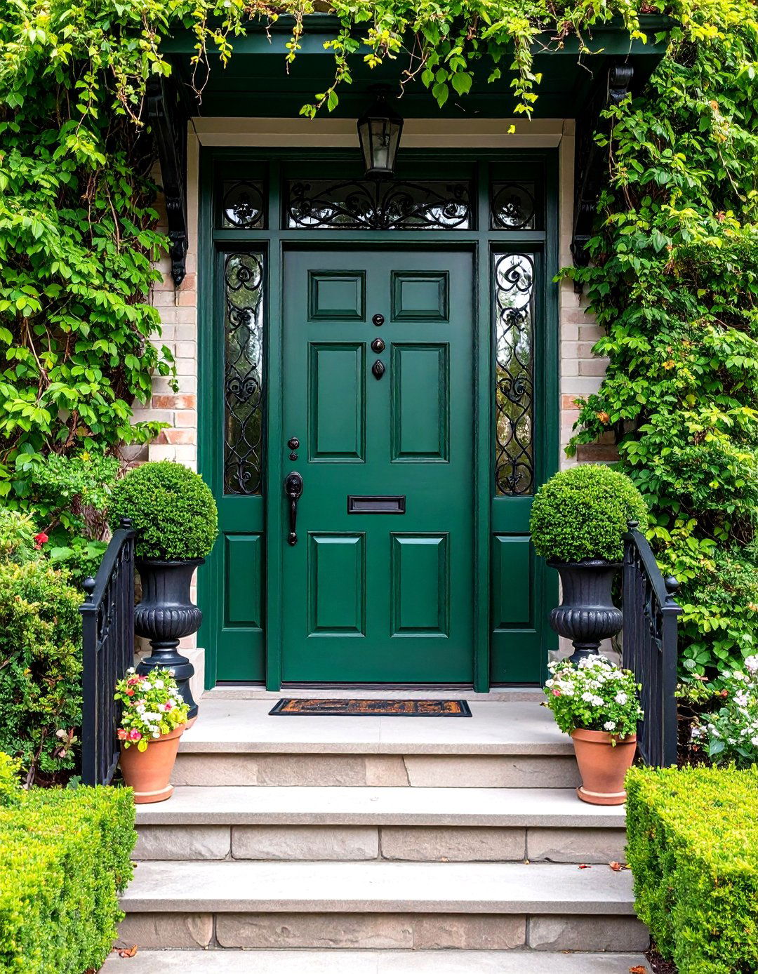 Forest Green Front Door with Wrought Iron Accents - 25 Green Front Door Ideas