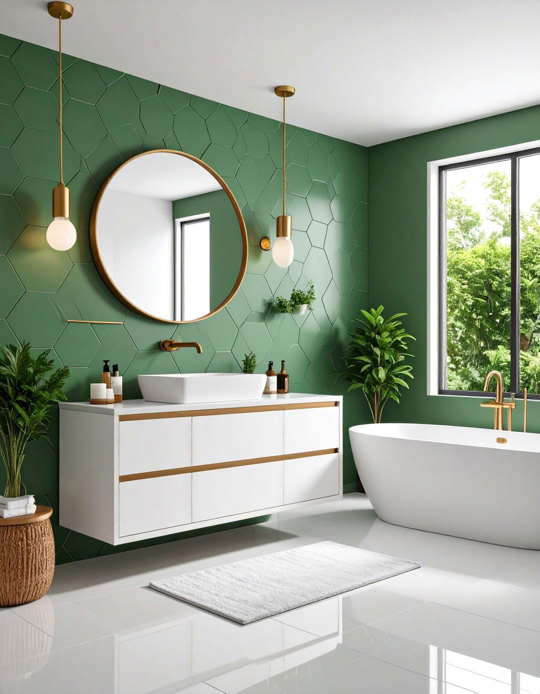 Forest Green Hexagon Tiles with Modern Brass Details - 25 Olive Green Bathroom Ideas