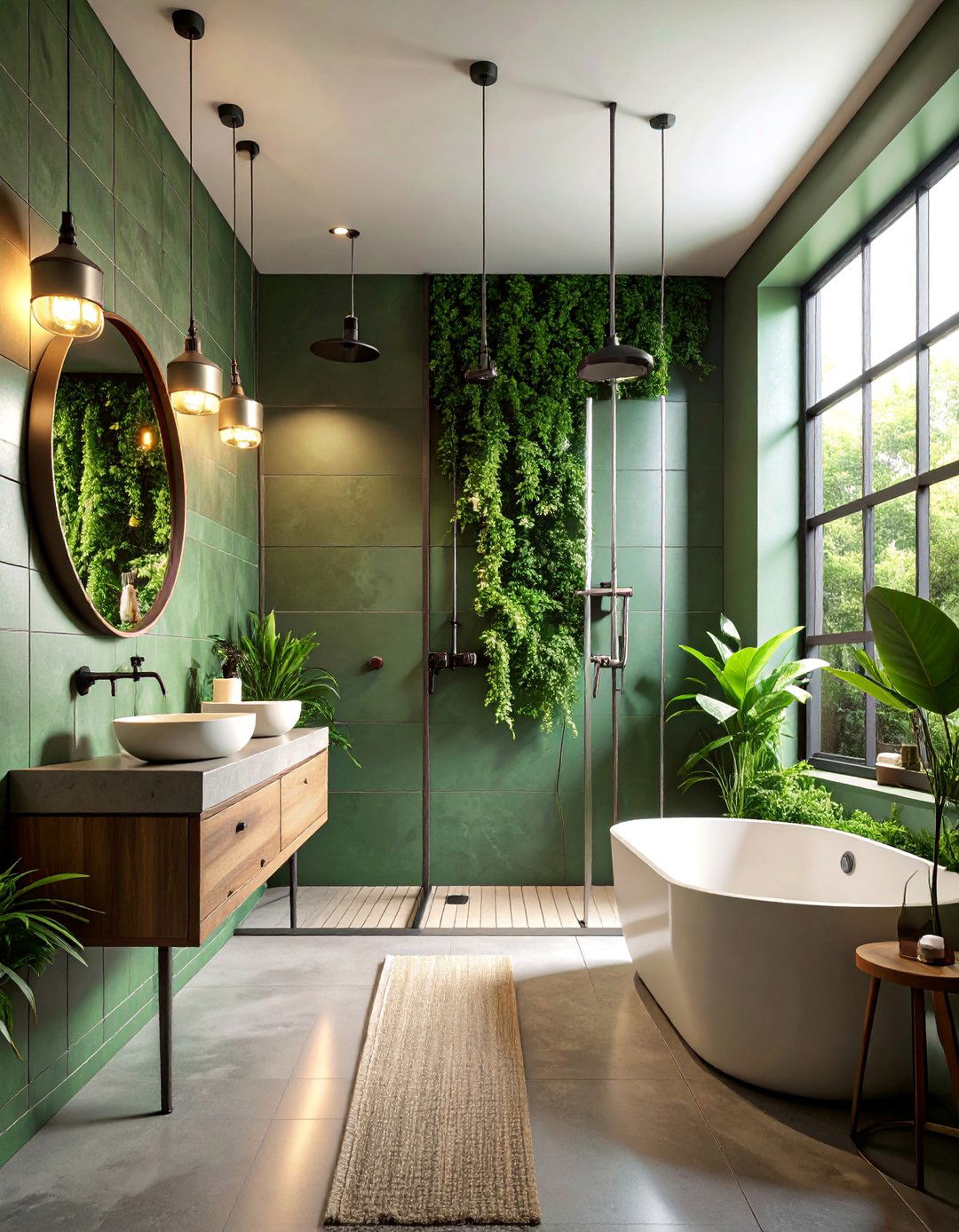 Forest Green Industrial Bathroom with Black Accents - 25 Forest Green Bathroom Ideas