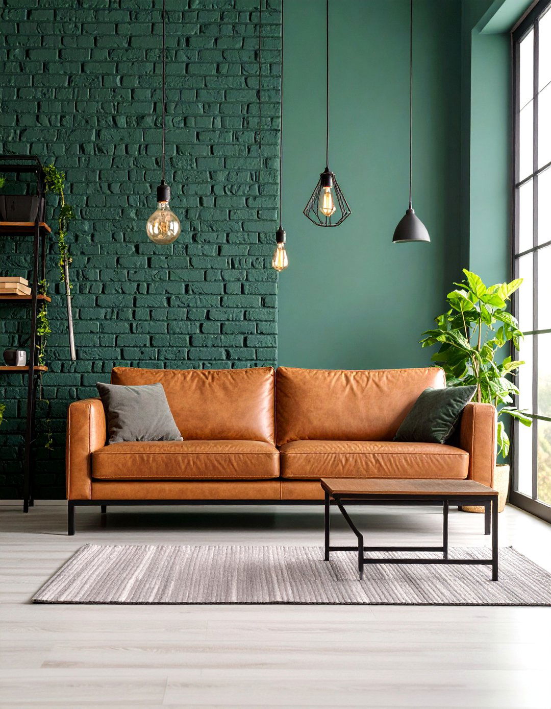 Forest Green Industrial Living Room with Metal Accents - 25 Forest Green Living Room Ideas