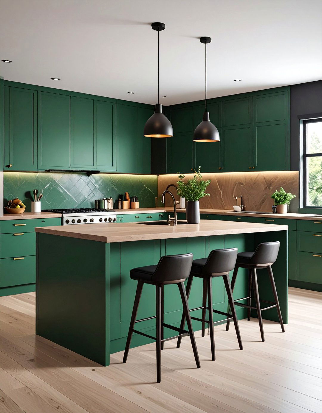 Forest Green Kitchen Island with Black Bar Stools - 25 Black and Green Kitchen Ideas