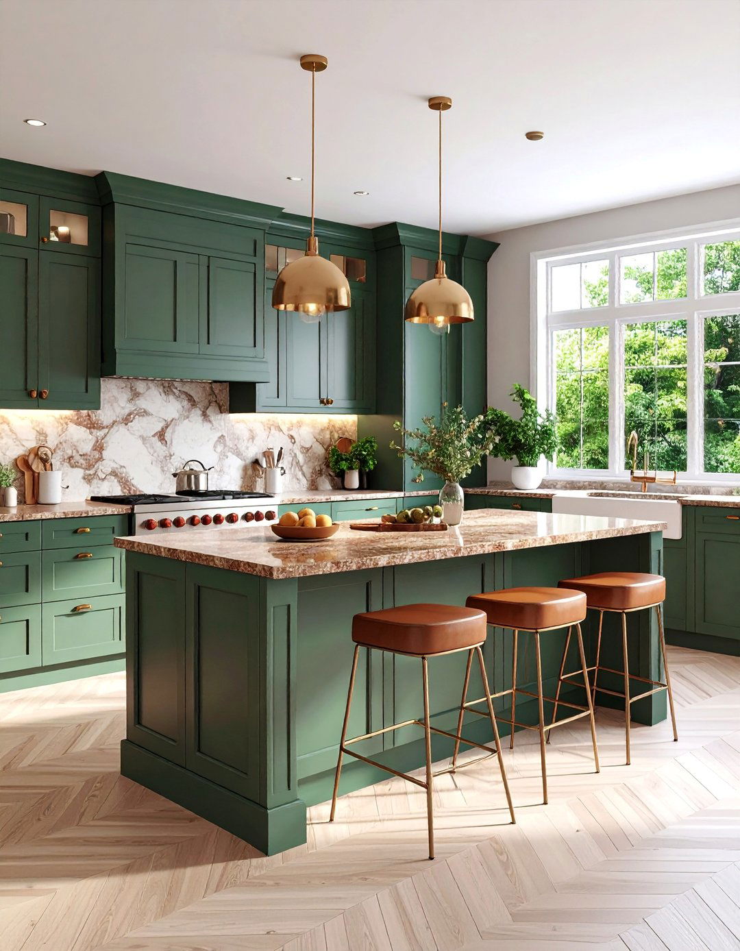 Forest Green Kitchen Island with Brown Granite Countertops - 25 Green and Brown Kitchen Ideas