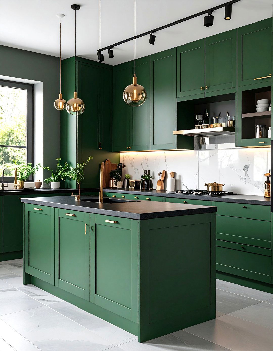 Forest Green Kitchen with Black Countertops and Hardware - 25 Forest Green Kitchen Ideas