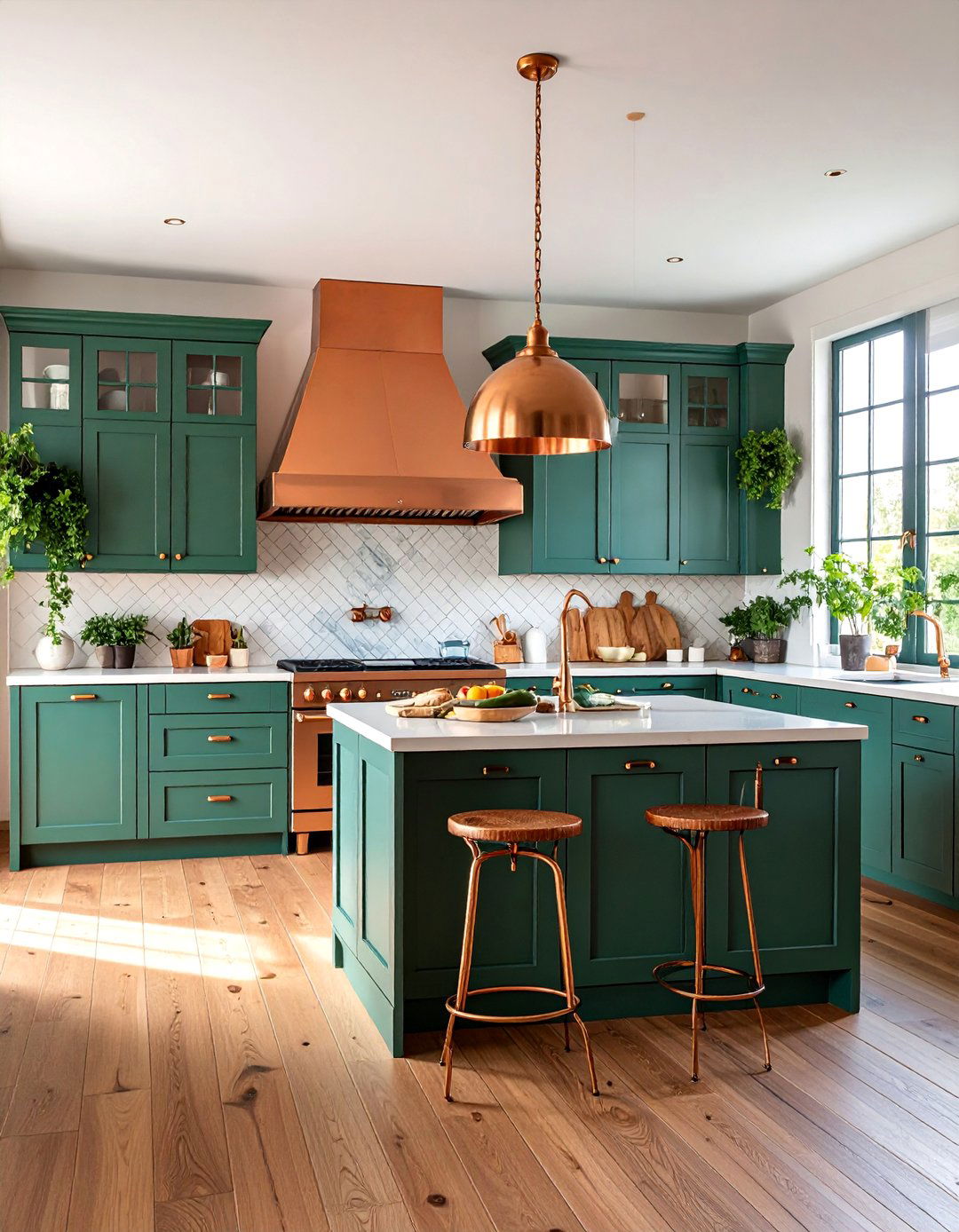 Forest Green Kitchen with Copper Range Hood and Accents - 25 Forest Green Kitchen Ideas