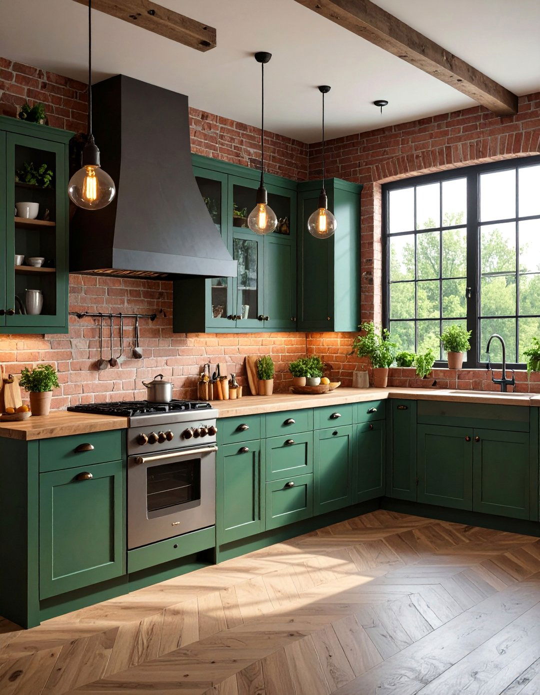 Forest Green Kitchen with Exposed Brick Accents - 25 Green Kitchen Cabinet Ideas