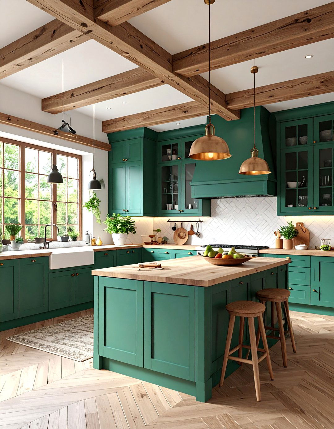 Forest Green Kitchen with Exposed Ceiling Beams - 25 Forest Green Kitchen Ideas