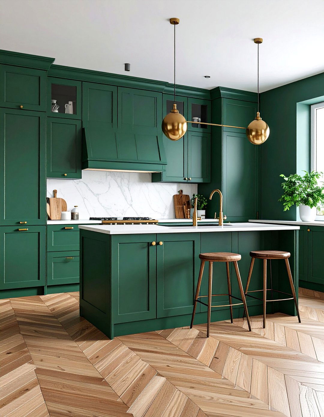 Forest Green Kitchen with Herringbone Wood Flooring - 25 Forest Green Kitchen Ideas