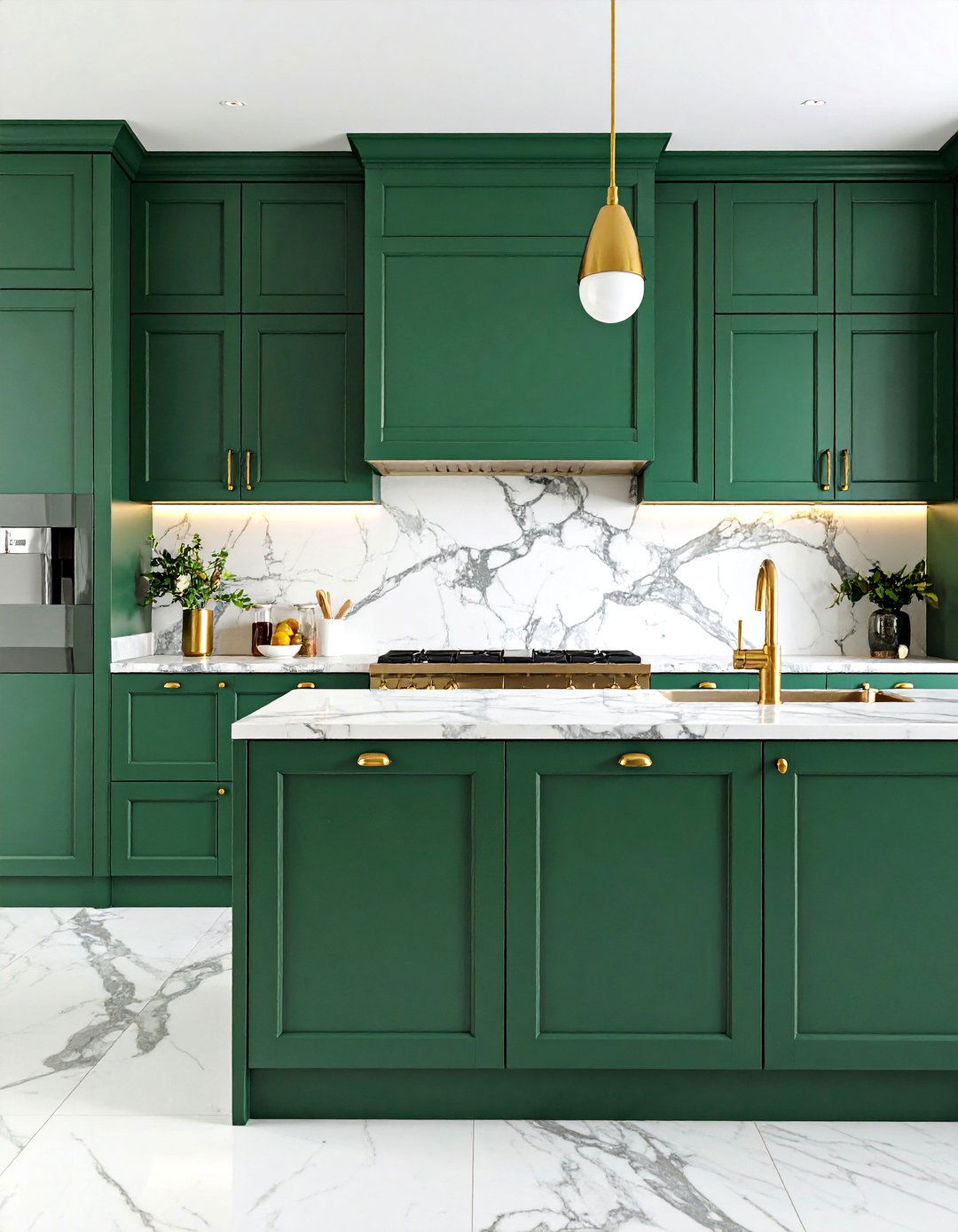 Forest Green Kitchen with Marble Backsplash and Countertops - 25 Forest Green Kitchen Ideas