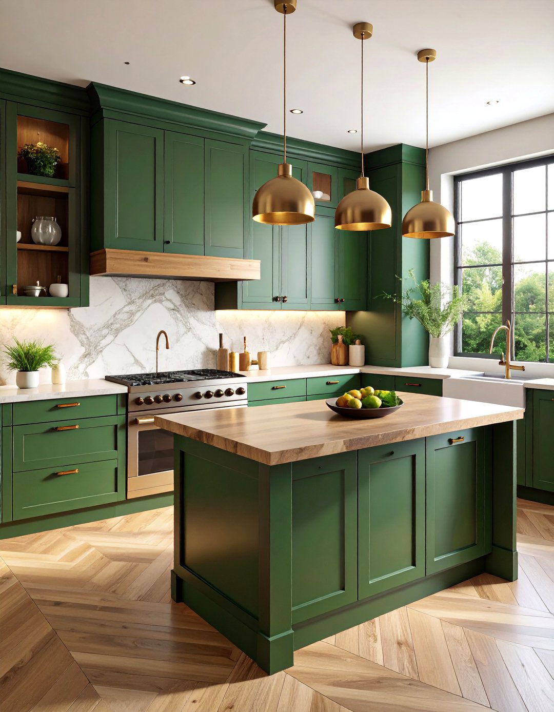 Forest Green Kitchen with Natural Stone Backsplash - 25 Forest Green Kitchen Ideas