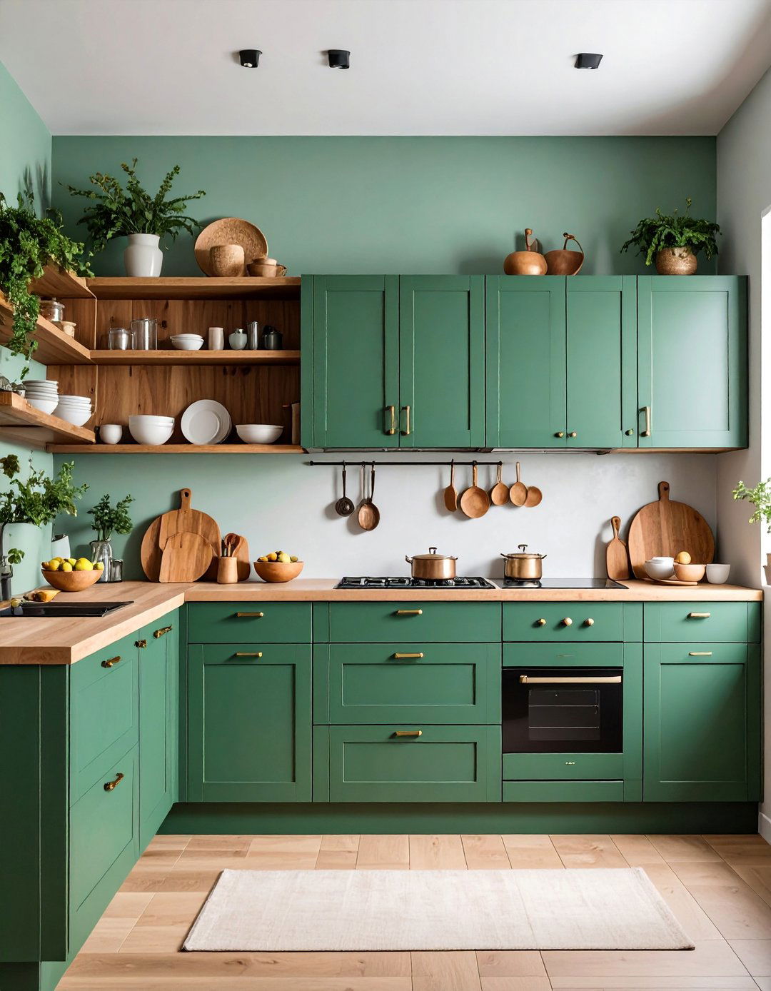 Forest Green Kitchen with Open Shelving Display - 25 Forest Green Kitchen Ideas