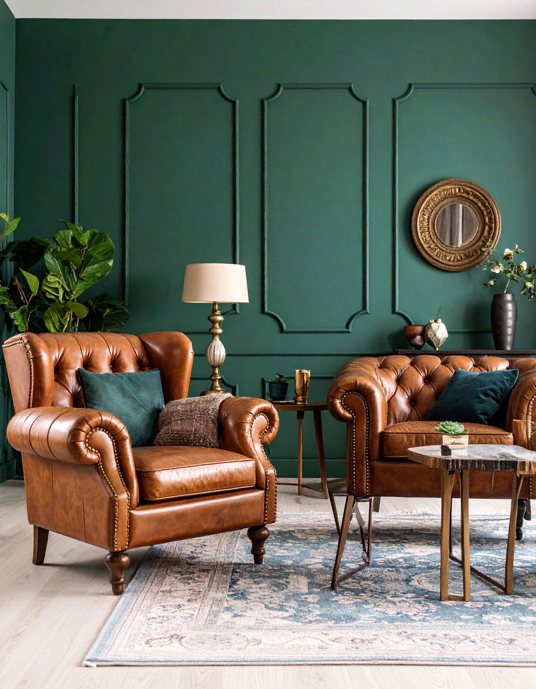 Forest Green Living Room with Vintage Charm - 25 Monochromatic Living Room Ideas
