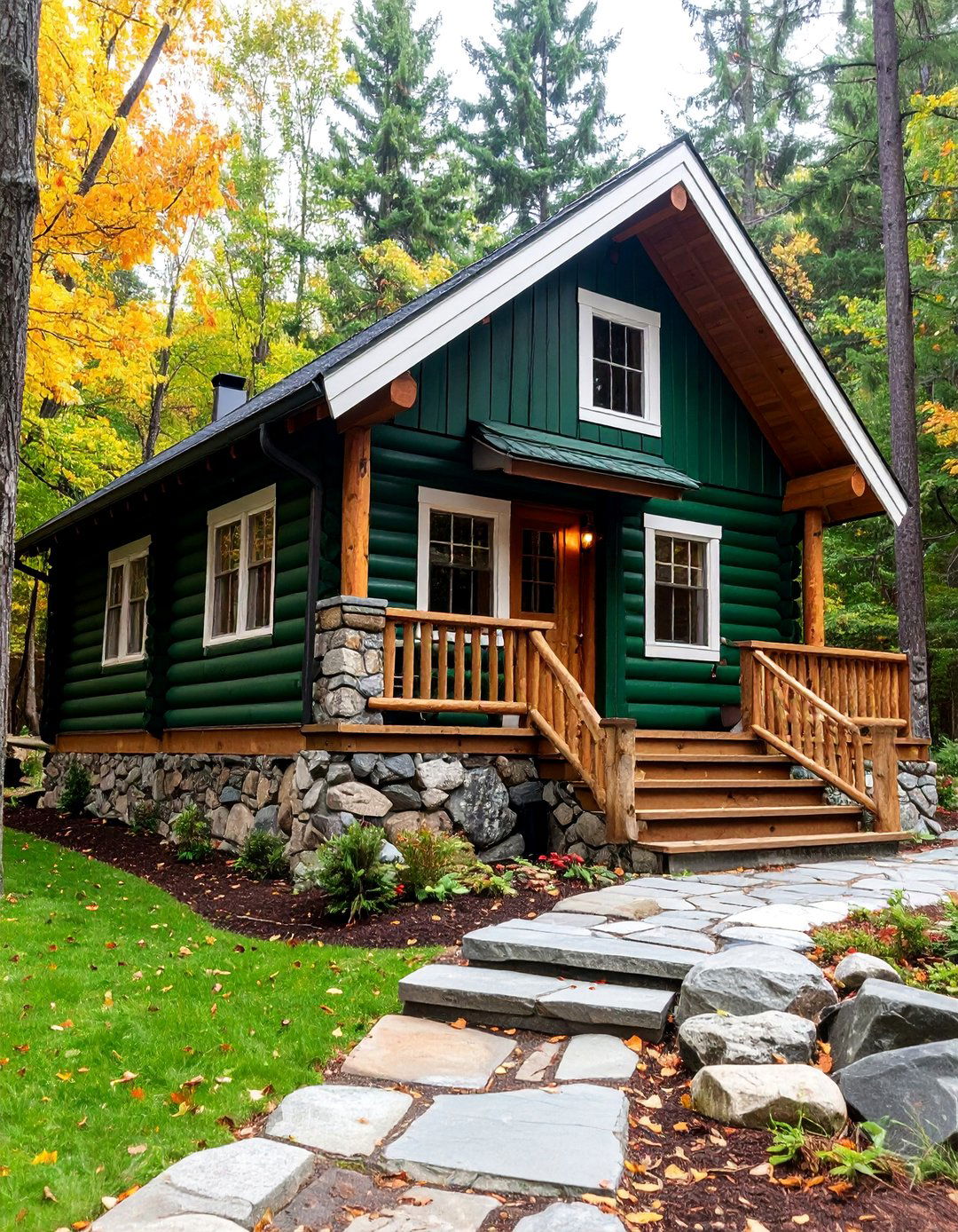 Forest Green Log Home with Chinking Details - 25 Green Exterior House Paint Ideas